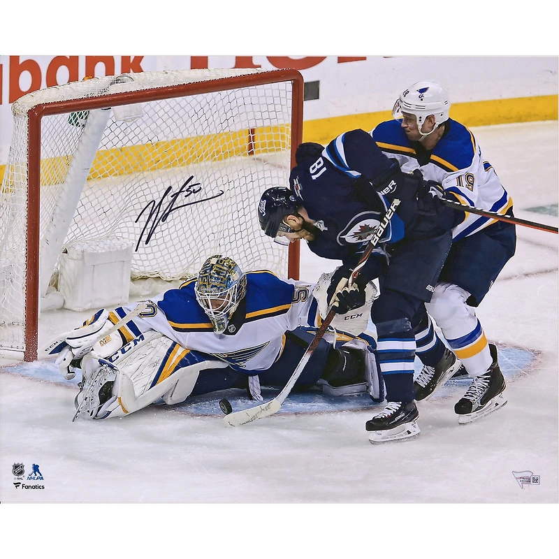 Photo autographiée de Jordan Binnington (Blues de St. Louis), 40,6 x 50,8 cm, arrêt décisif du premier match des séries éliminatoires de la Coupe Stanley 2019 contre Winnipeg.