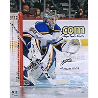 Jordan Binnington St. Louis Blues Photographie autographiée 16" x 20" avec inscription "1st NHL SO 1/7/19"