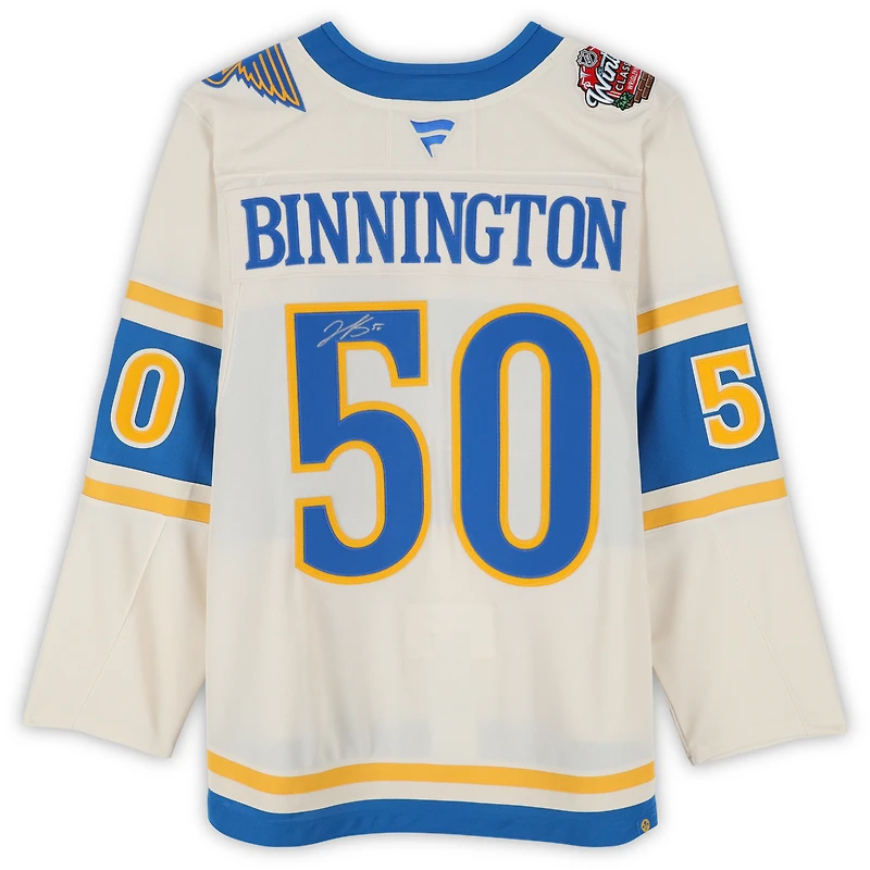 Maillot premium dédicacé par Jordan Binnington des Blues de St. Louis pour la Classique d'hiver 2025, couleur crème, Fanatics