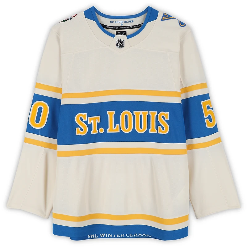 Maillot premium dédicacé par Jordan Binnington des Blues de St. Louis pour la Classique d'hiver 2025, couleur crème, Fanatics