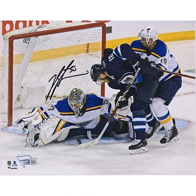 Jordan Binnington St. Louis Blues dédicacé 8" x 10" 2019 Coupe Stanley Playoffs Game 1 Game-Preserving Save vs. Winnipeg Photographie