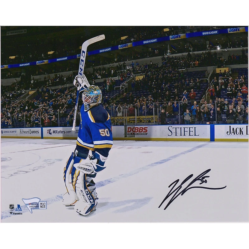 Jordan Binnington St. Louis Blues Photographie autographiée de salut en bâton 8'' x 10''