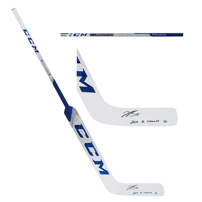 Bâton de hockey CCM Game Model autographié par Jordan Binnington des Blues de St. Louis avec inscription « 2019 SC Champs » - Édition limitée à 10 exemplaires