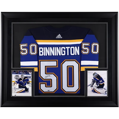Maillot authentique Adidas bleu de luxe encadré autographié par Jordan Binnington des St. Louis Blues