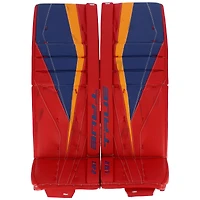 Jambières de gardien de but rouges autographiées par Jordan Binnington des Blues de St. Louis lors de la saison 2021 de la LNH