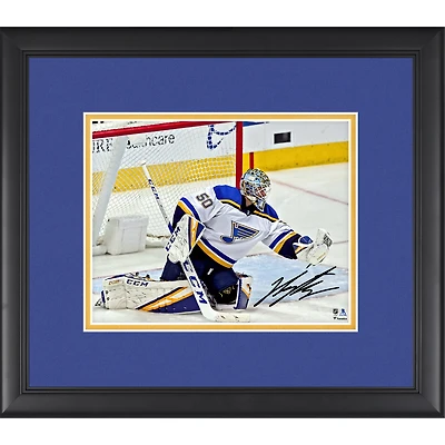 Jordan Binnington St. Louis Blues Framed Autographed 8'' x 10'' Glove Save Photograph