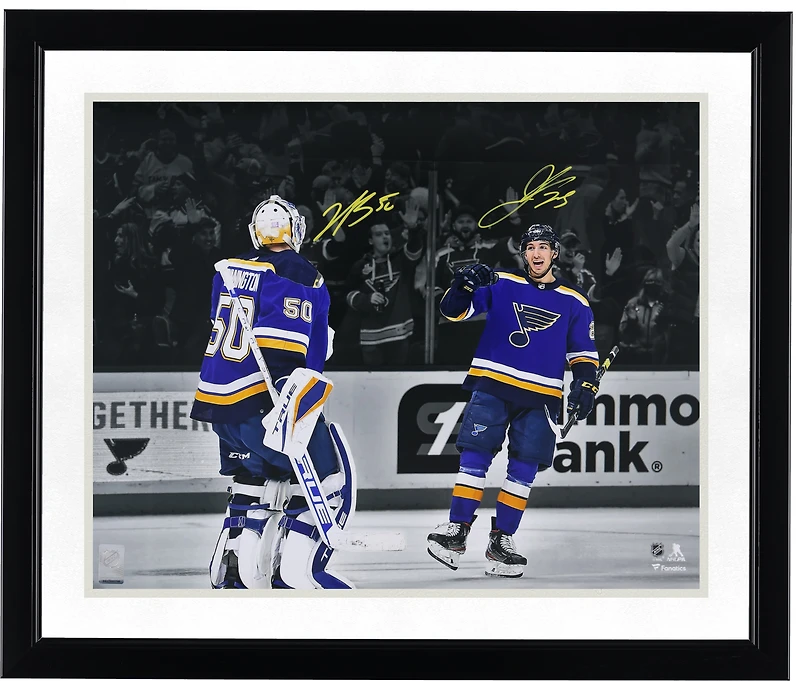 Jordan Kyrou & Jordan Binnington St. Louis Blues Autographed 16" x 20" Blue Jersey Celebration Photograph