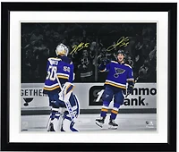 Jordan Kyrou & Jordan Binnington St. Louis Blues Autographed 16" x 20" Blue Jersey Celebration Photograph
