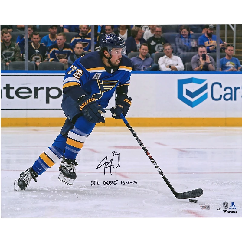 Justin Faulk St. Louis Blues Photographie dédicacée de la soirée d'ouverture 40,6 x 50,8 cm avec inscription « STL Debut 10/2/19 » – Édition limitée à 19 exemplaires