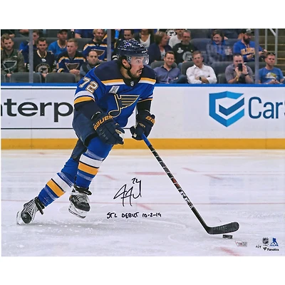 Justin Faulk St. Louis Blues Photographie dédicacée de la soirée d'ouverture 40,6 x 50,8 cm avec inscription « STL Debut 10/2/19 » – Édition limitée à 19 exemplaires