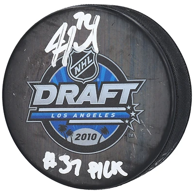 Rondelle de hockey autographiée par Justin Faulk des Blues de St. Louis avec logo du repêchage 2010 de la LNH avec inscription « #37 Pick »
