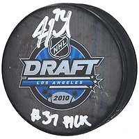 Rondelle de hockey autographiée par Justin Faulk des Blues de St. Louis avec logo du repêchage 2010 de la LNH avec inscription « #37 Pick »
