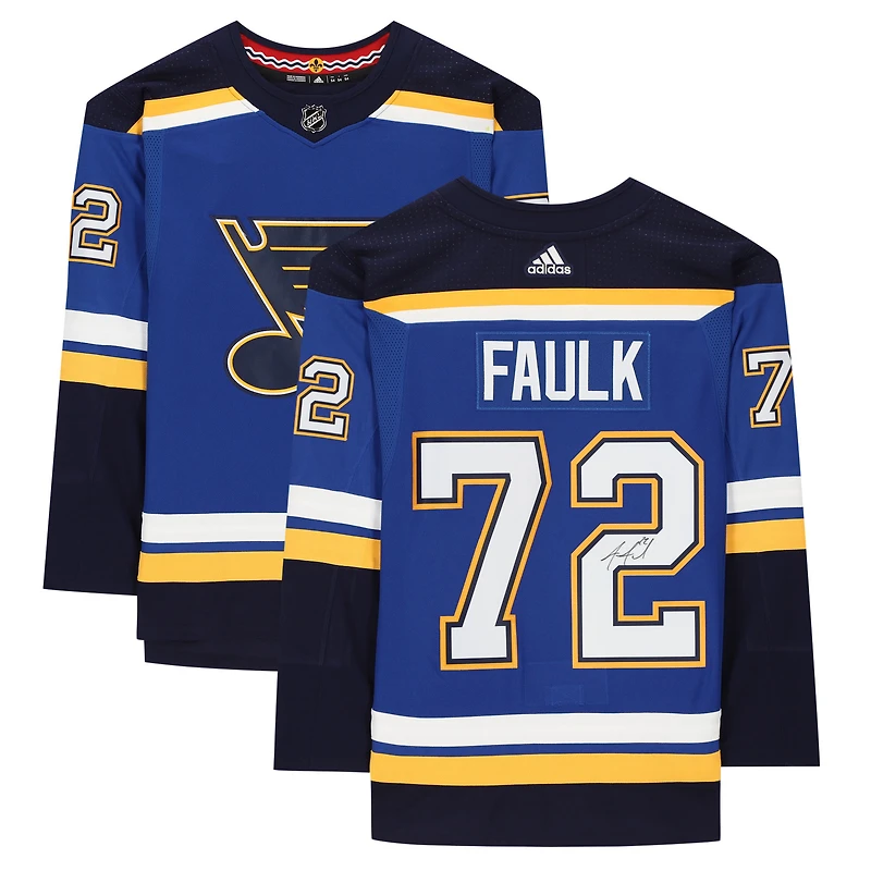 Maillot Adidas authentique bleu autographié par Justin Faulk des St. Louis Blues