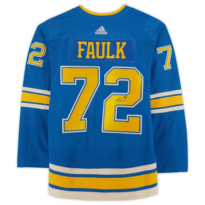 Maillot authentique Adidas alternatif bleu autographié par Justin Faulk des St. Louis Blues