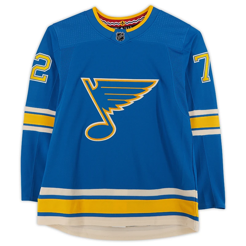 Maillot authentique Adidas alternatif bleu autographié par Justin Faulk des St. Louis Blues
