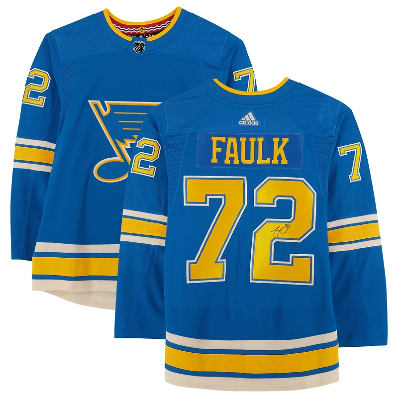 Maillot authentique Adidas alternatif bleu autographié par Justin Faulk des St. Louis Blues