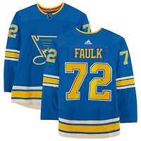 Maillot authentique Adidas alternatif bleu autographié par Justin Faulk des St. Louis Blues