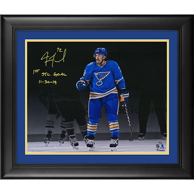 Photographie encadrée autographiée de 16" x 20" de Justin Faulk des Blues de St. Louis avec l'inscription "1st STL Goal 11" - Édition limitée à 19 exemplaires