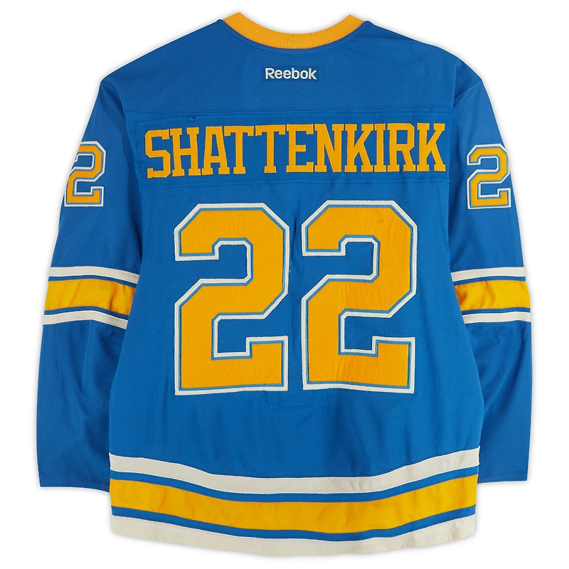 Kevin Shattenkirk St. Louis Blues Practice-Used #22 Blue Reebok Jersey vs. Chicago Blackhawks on January 2, 2017 - NHL Winter Classic - Worn During Warm-Ups