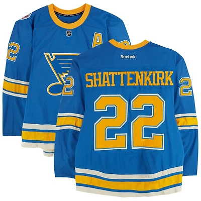 Kevin Shattenkirk St. Louis Blues Practice-Used #22 Blue Reebok Jersey vs. Chicago Blackhawks on January 2, 2017 - NHL Winter Classic - Worn During Warm-Ups