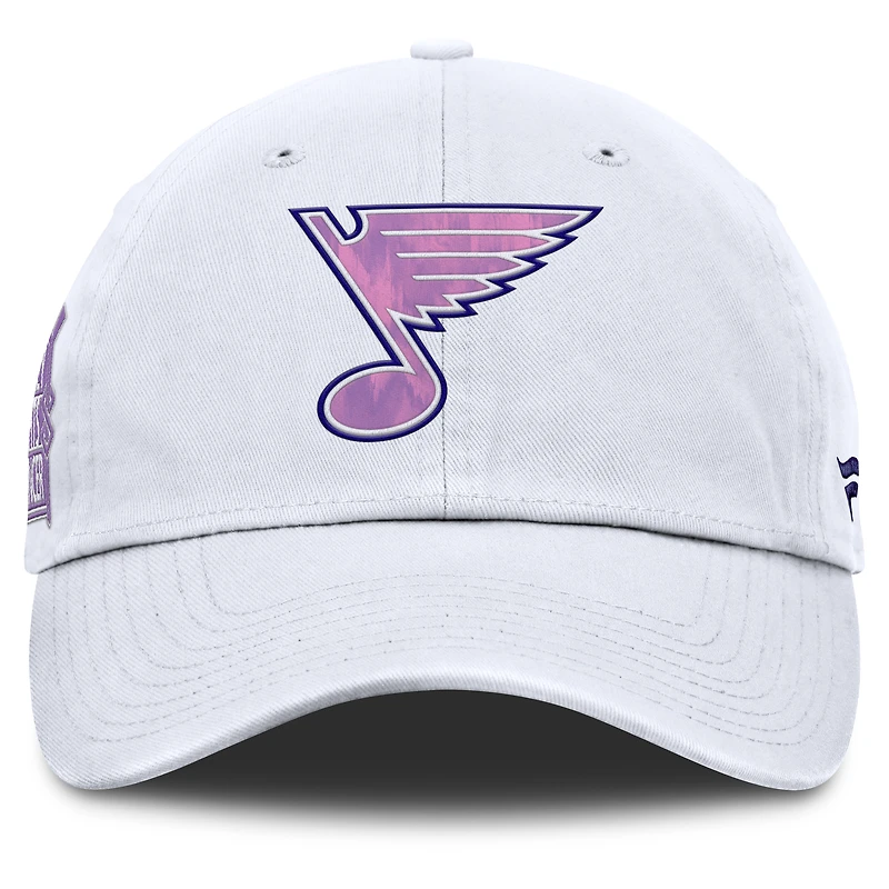 Casquette ajustable Fanatics blanche authentique St. Louis Blues pour homme, soutien à la lutte contre le cancer