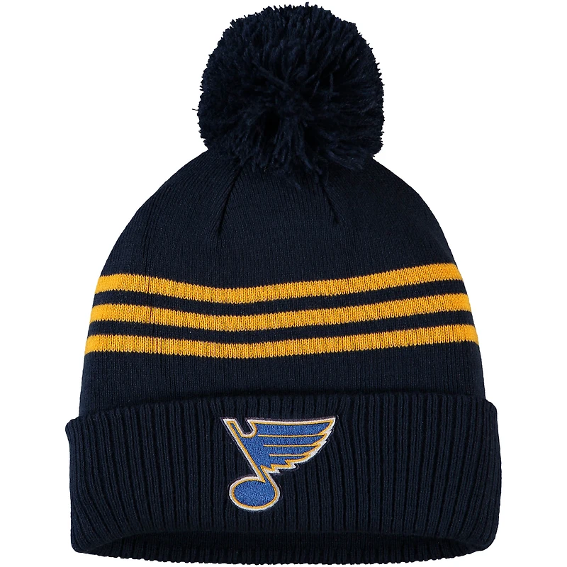 Bonnet en tricot à revers à trois bandes adidas pour hommes bleu marine St. Louis Blues avec pompon