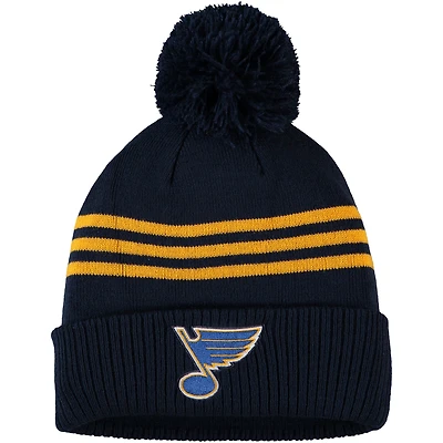 Bonnet en tricot à revers à trois bandes adidas pour hommes bleu marine St. Louis Blues avec pompon