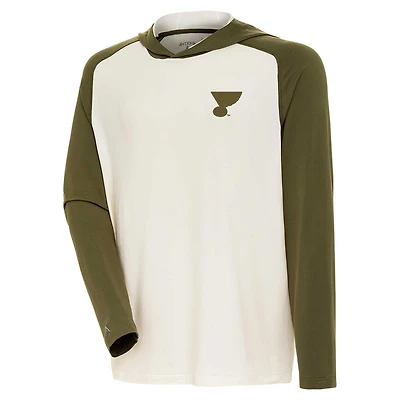 Men's Antigua Cream/Olive St. Louis Blues Intrepid Sand Raglan Long Sleeve Hoodie T-Shirt