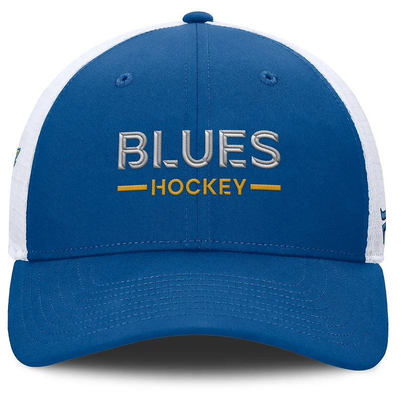 Men's Fanatics Blue/White St. Louis Blues Authentic Pro Rink Lockup Adjustable Trucker Hat