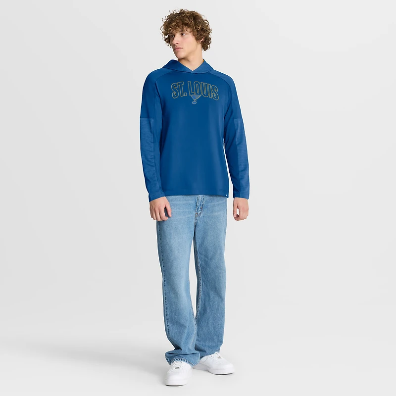 T-shirt à capuche manches longues bleu Fanatics pour homme, motif tir de pénalité des Blues Saint-Louis