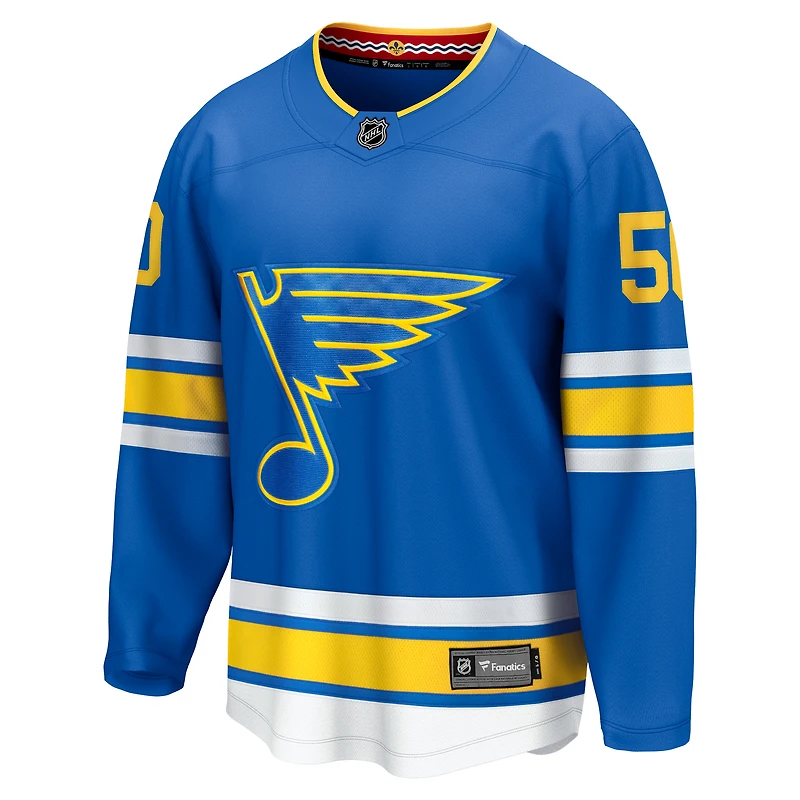 Maillot Jordan Binnington bleu des St. Louis Blues pour homme, équipe d'échappée à domicile