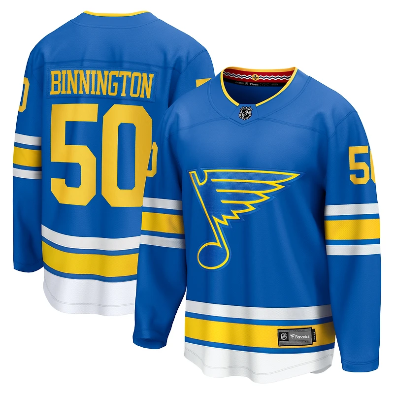 Maillot Jordan Binnington bleu des St. Louis Blues pour homme, équipe d'échappée à domicile