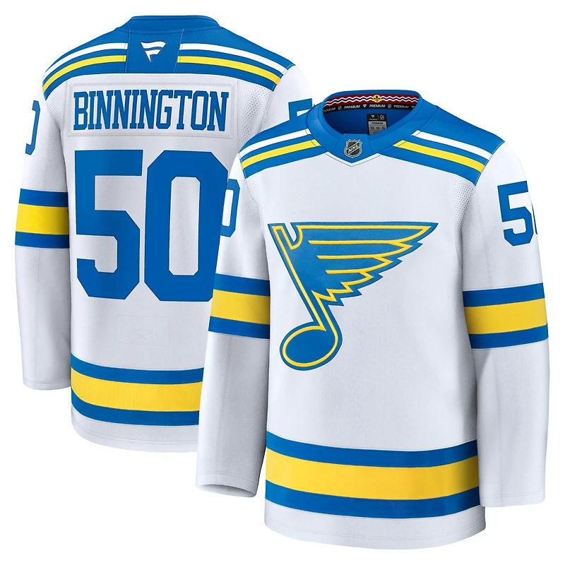 Maillot Jordan Binnington blanc extérieur premium pour homme des Blues de Saint-Louis