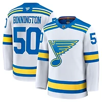 Maillot Jordan Binnington blanc extérieur premium pour homme des Blues de Saint-Louis