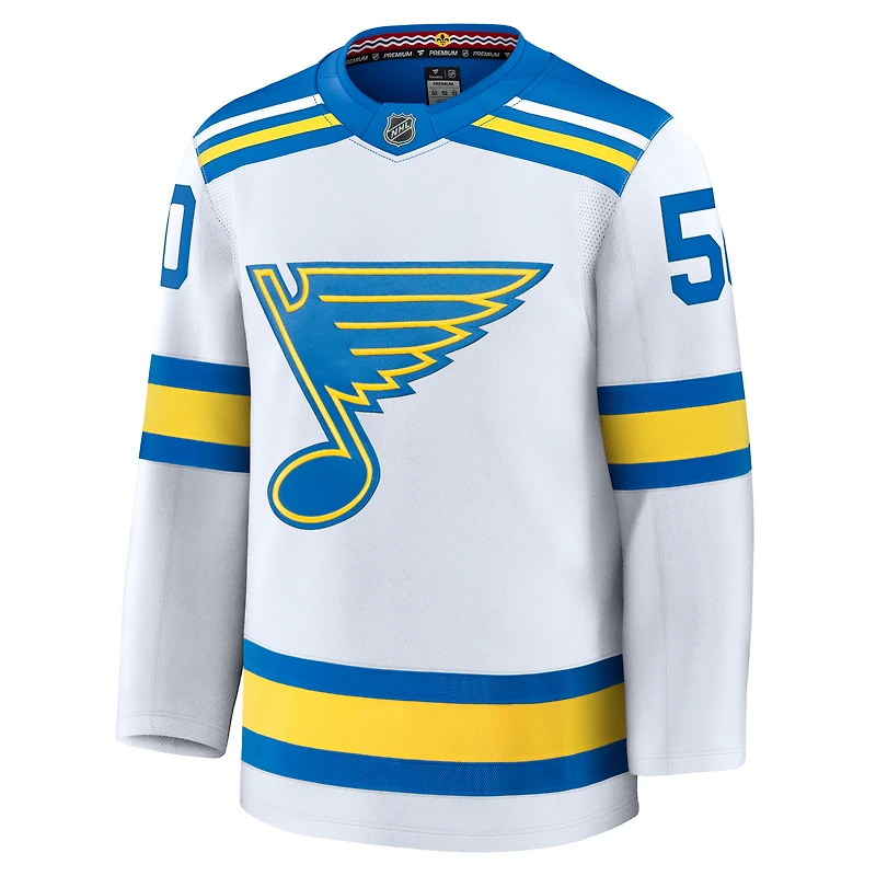Maillot Jordan Binnington blanc extérieur premium pour homme des Blues de Saint-Louis