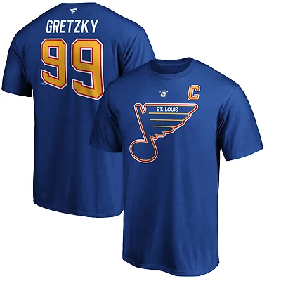 Fanatics pour hommes Wayne Gretzky bleu St. Louis Blues Authentic Stack Nom et numéro du joueur retraité T-shirt