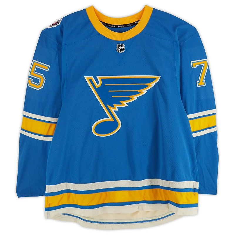 Maillot Reebok bleu n° 75 des Blues de St. Louis porté à l'entraînement par Ryan Reaves lors du match contre les Blackhawks de Chicago le 2 janvier 2017 - Classique hivernale de la LNH - Porté pendant l'échauffement