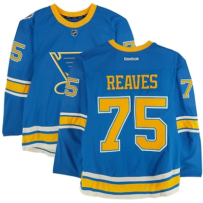 Maillot Reebok bleu n° 75 des Blues de St. Louis porté à l'entraînement par Ryan Reaves lors du match contre les Blackhawks de Chicago le 2 janvier 2017 - Classique hivernale de la LNH - Porté pendant l'échauffement