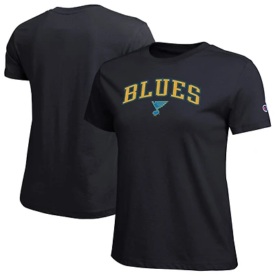 T-shirt noir Champion pour femmes avec logo mascotte des Blues de Saint-Louis