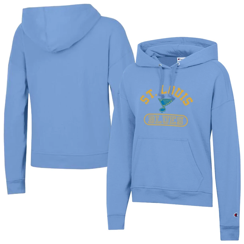 Sweat à capuche Champion bleu clair pour femme, modèle St. Louis Blues, motif pilulier arqué.