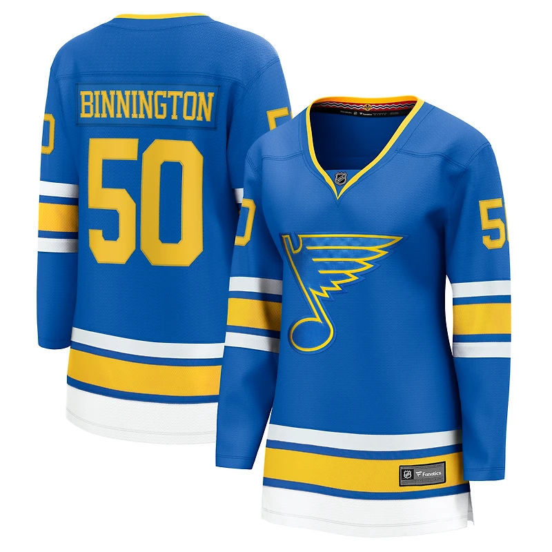 Maillot Jordan Binnington bleu des Blues de Saint-Louis pour femmes, équipe d'échappée à domicile