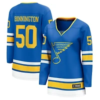 Maillot Jordan Binnington bleu des Blues de Saint-Louis pour femmes, équipe d'échappée à domicile