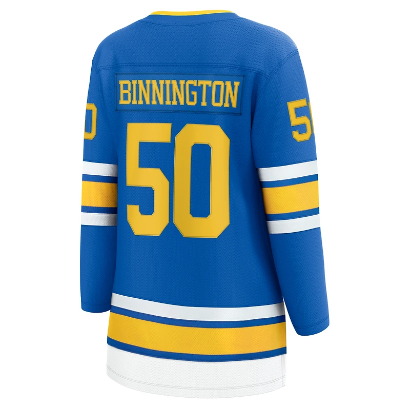 Maillot Jordan Binnington bleu des Blues de Saint-Louis pour femmes, équipe d'échappée à domicile