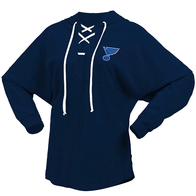 T-shirt à capuche manches longues et col en V Fanatics pour femmes, bleu marine, St. Louis Blues