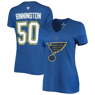 T-shirt à col en V Jordan Binnington bleu pour femme avec nom et numéro de l'équipe authentique des Blues St. Louis