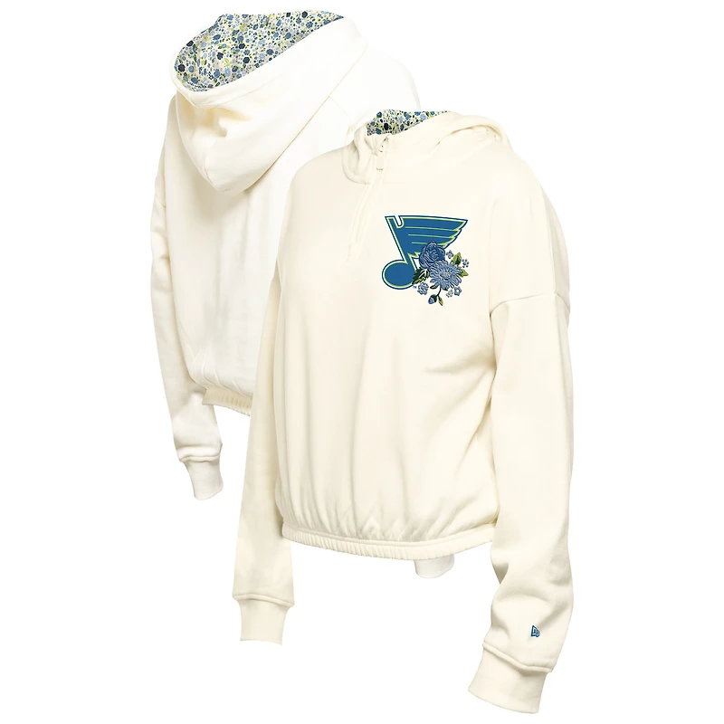 Women's New Era Cream St. Louis Blues Glam Game Quarter-Zip Cropped Floral Hoodie Pullover