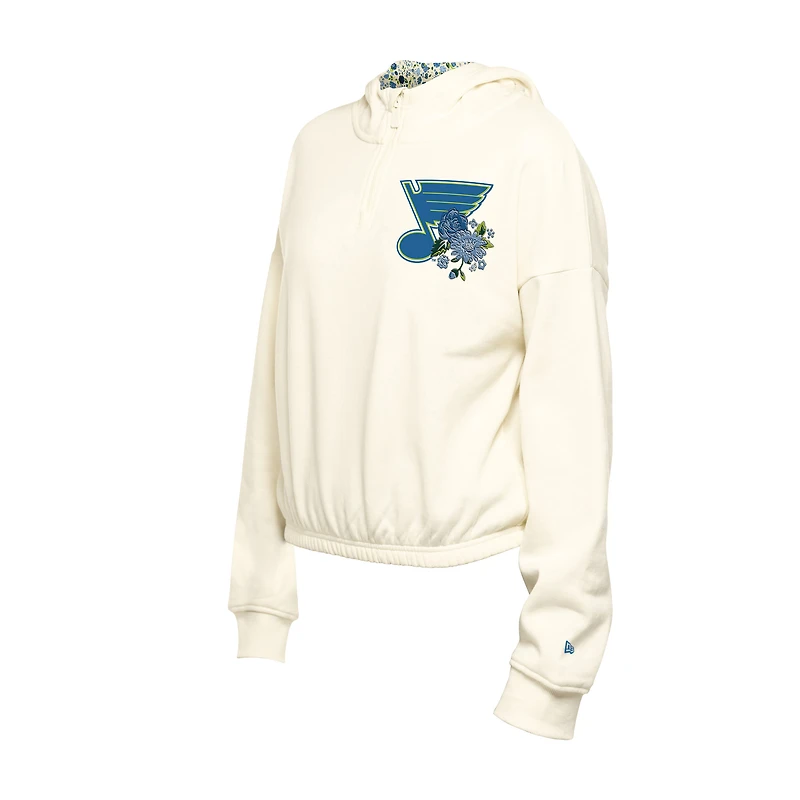 Women's New Era Cream St. Louis Blues Glam Game Quarter-Zip Cropped Floral Hoodie Pullover