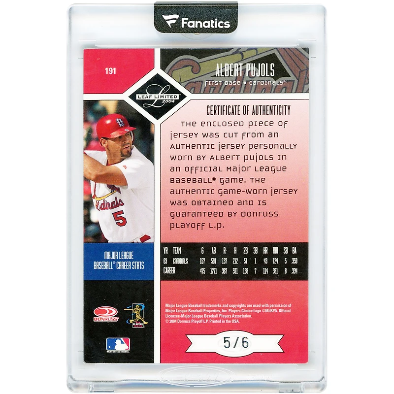 Carte Donruss Leaf Limited Threads 2004, relique du bouton de maillot porté en match d'Albert Pujols, Cardinals de Saint-Louis, n° 191, n° 5/6