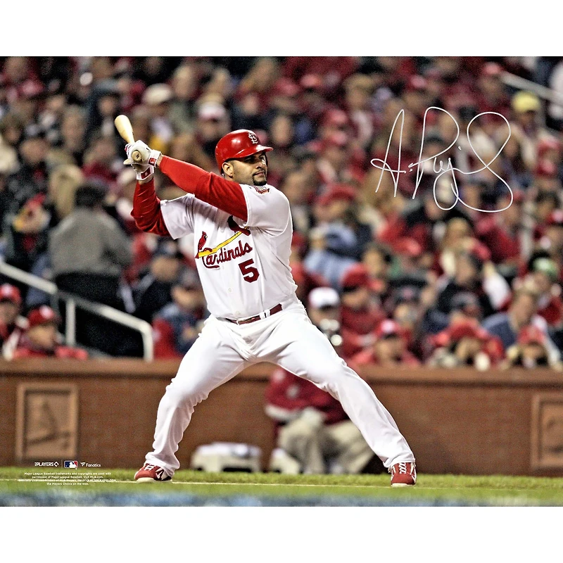 Photo horizontale autographiée d'Albert Pujols, joueur des Cardinals de Saint-Louis, en position de frappe (40,6 x 50,8 cm).
