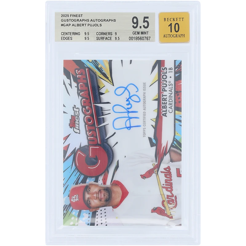 Carte autographiée d'Albert Pujols (Cardinals de Saint-Louis), collection Topps Finest Gustographs 2025, numéro G-AP, numéro 11, authentifiée BGS 9,5/10 (sous-notes : 9,5, 9, 9,5, 9,5).